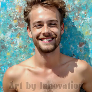 AI-generated abstract art of colorful, happy, handsome male faces covered in vibrant paint. Joy, excitement, and rainbow color in stunning digital art by Jeff Dupler.
