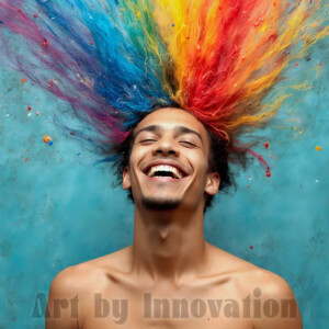 AI-generated abstract art of colorful, happy, handsome male faces covered in vibrant paint. Joy, excitement, and rainbow color in stunning digital art by Jeff Dupler.