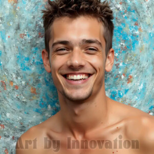 AI-generated abstract art of colorful, happy, handsome male faces covered in vibrant paint. Joy, excitement, and rainbow color in stunning digital art by Jeff Dupler.