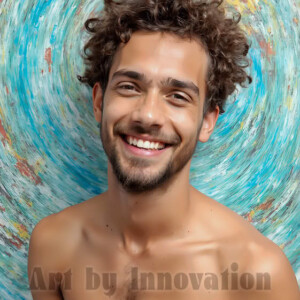 AI-generated abstract art of colorful, happy, handsome male faces covered in vibrant paint. Joy, excitement, and rainbow color in stunning digital art by Jeff Dupler.