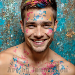 AI-generated abstract art of colorful, happy, handsome male faces covered in vibrant paint. Joy, excitement, and rainbow color in stunning digital art by Jeff Dupler.