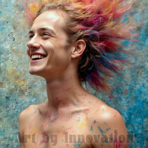 AI-generated abstract art of colorful, happy, handsome male faces covered in vibrant paint. Joy, excitement, and rainbow color in stunning digital art by Jeff Dupler.