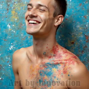 AI-generated abstract art of colorful, happy, handsome male faces covered in vibrant paint. Joy, excitement, and rainbow color in stunning digital art by Jeff Dupler.