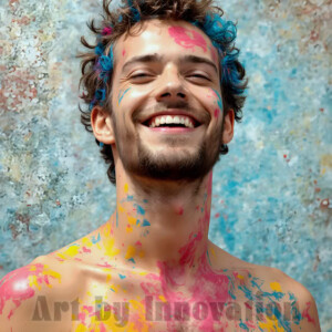AI-generated abstract art of colorful, happy, handsome male faces covered in vibrant paint. Joy, excitement, and rainbow color in stunning digital art by Jeff Dupler.