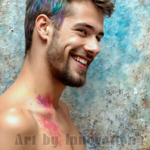 AI-generated abstract art of colorful, happy, handsome male faces covered in vibrant paint. Joy, excitement, and rainbow color in stunning digital art by Jeff Dupler.