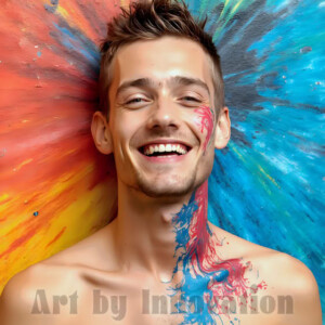 AI-generated abstract art of colorful, happy, handsome male faces covered in vibrant paint. Joy, excitement, and rainbow color in stunning digital art by Jeff Dupler.