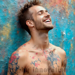 AI-generated abstract art of colorful, happy, handsome male faces covered in vibrant paint. Joy, excitement, and rainbow color in stunning digital art by Jeff Dupler.
