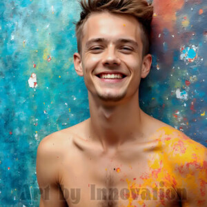 AI-generated abstract art of colorful, happy, handsome male faces covered in vibrant paint. Joy, excitement, and rainbow color in stunning digital art by Jeff Dupler.
