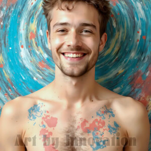 AI-generated abstract art of colorful, happy, handsome male faces covered in vibrant paint. Joy, excitement, and rainbow color in stunning digital art by Jeff Dupler.