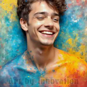 AI-generated abstract art of colorful, happy, handsome male faces covered in vibrant paint. Joy, excitement, and rainbow color in stunning digital art by Jeff Dupler.