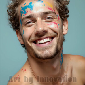 AI-generated abstract art of colorful, happy, handsome male faces covered in vibrant paint. Joy, excitement, and rainbow color in stunning digital art by Jeff Dupler.
