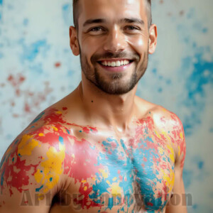 AI-generated abstract art of colorful, happy, handsome male faces covered in vibrant paint. Joy, excitement, and rainbow color in stunning digital art by Jeff Dupler.
