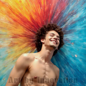 AI-generated abstract art of colorful, happy, handsome male faces covered in vibrant paint. Joy, excitement, and rainbow color in stunning digital art by Jeff Dupler.