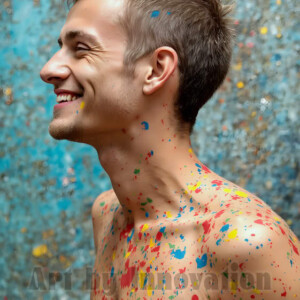 AI-generated abstract art of colorful, happy, handsome male faces covered in vibrant paint. Joy, excitement, and rainbow color in stunning digital art by Jeff Dupler.