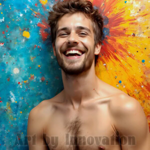 AI-generated abstract art of colorful, happy, handsome male faces covered in vibrant paint. Joy, excitement, and rainbow color in stunning digital art by Jeff Dupler.