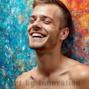 AI-generated abstract art of colorful, happy, handsome male faces covered in vibrant paint. Joy, excitement, and rainbow color in stunning digital art by Jeff Dupler.