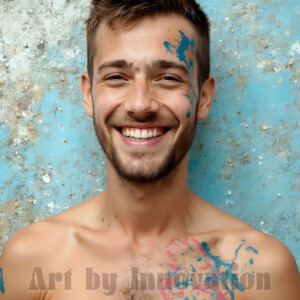 AI-generated abstract art of colorful, happy, handsome male faces covered in vibrant paint. Joy, excitement, and rainbow color in stunning digital art by Jeff Dupler.