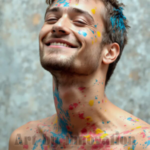 AI-generated abstract art of colorful, happy, handsome male faces covered in vibrant paint. Joy, excitement, and rainbow color in stunning digital art by Jeff Dupler.