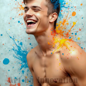 AI-generated abstract art of colorful, happy, handsome male faces covered in vibrant paint. Joy, excitement, and rainbow color in stunning digital art by Jeff Dupler.