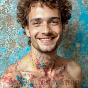 AI-generated abstract art of colorful, happy, handsome male faces covered in vibrant paint. Joy, excitement, and rainbow color in stunning digital art by Jeff Dupler.