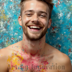 AI-generated abstract art of colorful, happy, handsome male faces covered in vibrant paint. Joy, excitement, and rainbow color in stunning digital art by Jeff Dupler.