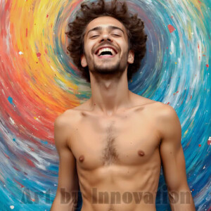 AI-generated abstract art of colorful, happy, handsome male faces covered in vibrant paint. Joy, excitement, and rainbow color in stunning digital art by Jeff Dupler.