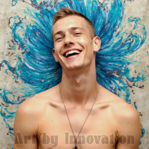 AI-generated abstract art of colorful, happy, handsome male faces covered in vibrant paint. Joy, excitement, and rainbow color in stunning digital art by Jeff Dupler.