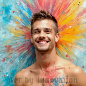 AI-generated abstract art of colorful, happy, handsome male faces covered in vibrant paint. Joy, excitement, and rainbow color in stunning digital art by Jeff Dupler.