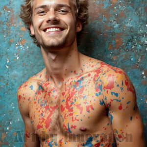 AI-generated abstract art of colorful, happy, handsome male faces covered in vibrant paint. Joy, excitement, and rainbow color in stunning digital art by Jeff Dupler.
