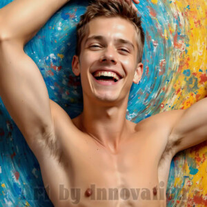 AI-generated abstract art of colorful, happy, handsome male faces covered in vibrant paint. Joy, excitement, and rainbow color in stunning digital art by Jeff Dupler.