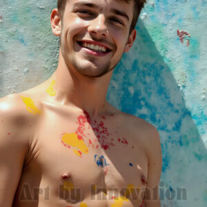 AI-generated abstract art of colorful, happy, handsome male faces covered in vibrant paint. Joy, excitement, and rainbow color in stunning digital art by Jeff Dupler.