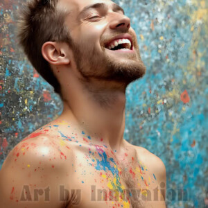 AI-generated abstract art of colorful, happy, handsome male faces covered in vibrant paint. Joy, excitement, and rainbow color in stunning digital art by Jeff Dupler.