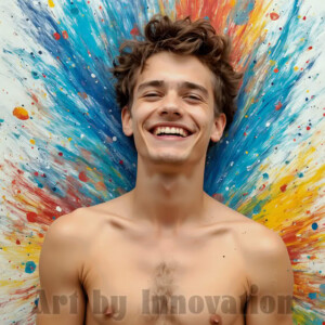 AI-generated abstract art of colorful, happy, handsome male faces covered in vibrant paint. Joy, excitement, and rainbow color in stunning digital art by Jeff Dupler.