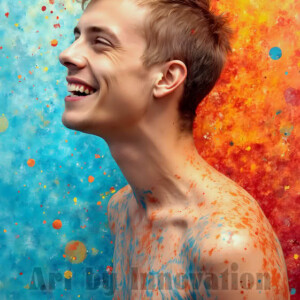 AI-generated abstract art of colorful, happy, handsome male faces covered in vibrant paint. Joy, excitement, and rainbow color in stunning digital art by Jeff Dupler.