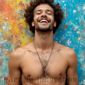 AI-generated abstract art of colorful, happy, handsome male faces covered in vibrant paint. Joy, excitement, and rainbow color in stunning digital art by Jeff Dupler.