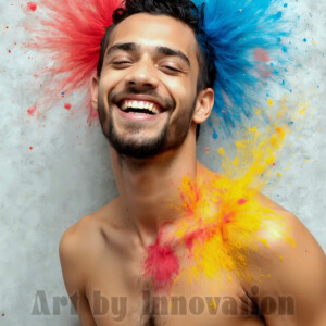 AI-generated abstract art of colorful, happy, handsome male faces covered in vibrant paint. Joy, excitement, and rainbow color in stunning digital art by Jeff Dupler.