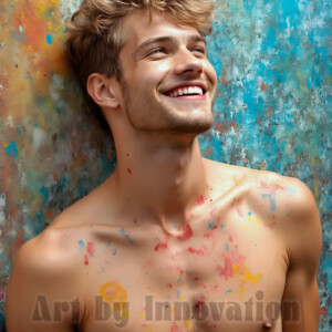 AI-generated abstract art of colorful, happy, handsome male faces covered in vibrant paint. Joy, excitement, and rainbow color in stunning digital art by Jeff Dupler.