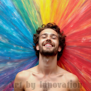 AI-generated abstract art of colorful, happy, handsome male faces covered in vibrant paint. Joy, excitement, and rainbow color in stunning digital art by Jeff Dupler.