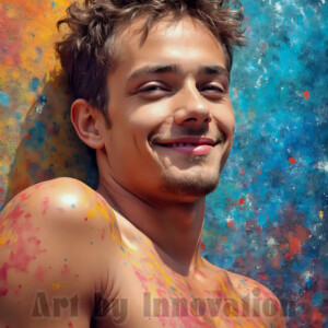 AI-generated abstract art of colorful, happy, handsome male faces covered in vibrant paint. Joy, excitement, and rainbow color in stunning digital art by Jeff Dupler.