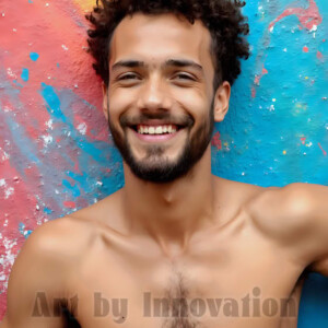 AI-generated abstract art of colorful, happy, handsome male faces covered in vibrant paint. Joy, excitement, and rainbow color in stunning digital art by Jeff Dupler.