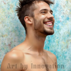 AI-generated abstract art of colorful, happy, handsome male faces covered in vibrant paint. Joy, excitement, and rainbow color in stunning digital art by Jeff Dupler.