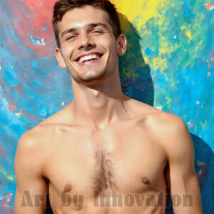 AI-generated abstract art of colorful, happy, handsome male faces covered in vibrant paint. Joy, excitement, and rainbow color in stunning digital art by Jeff Dupler.