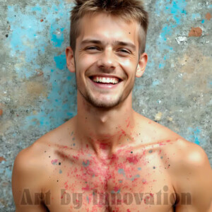 AI-generated abstract art of colorful, happy, handsome male faces covered in vibrant paint. Joy, excitement, and rainbow color in stunning digital art by Jeff Dupler.