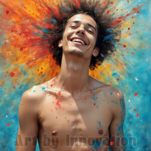 AI-generated abstract art of colorful, happy, handsome male faces covered in vibrant paint. Joy, excitement, and rainbow color in stunning digital art by Jeff Dupler.