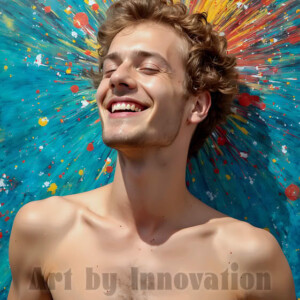 AI-generated abstract art of colorful, happy, handsome male faces covered in vibrant paint. Joy, excitement, and rainbow color in stunning digital art by Jeff Dupler.