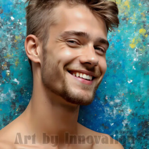 AI-generated abstract art of colorful, happy, handsome male faces covered in vibrant paint. Joy, excitement, and rainbow color in stunning digital art by Jeff Dupler.