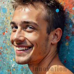 AI-generated abstract art of colorful, happy, handsome male faces covered in vibrant paint. Joy, excitement, and rainbow color in stunning digital art by Jeff Dupler.