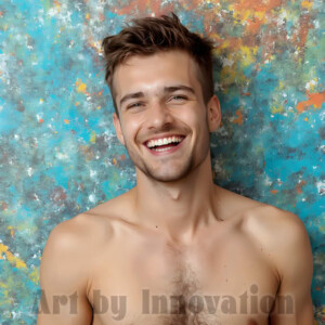 AI-generated abstract art of colorful, happy, handsome male faces covered in vibrant paint. Joy, excitement, and rainbow color in stunning digital art by Jeff Dupler.