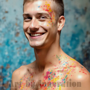 AI-generated abstract art of colorful, happy, handsome male faces covered in vibrant paint. Joy, excitement, and rainbow color in stunning digital art by Jeff Dupler.