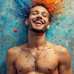 AI-generated abstract art of colorful, happy, handsome male faces covered in vibrant paint. Joy, excitement, and rainbow color in stunning digital art by Jeff Dupler.